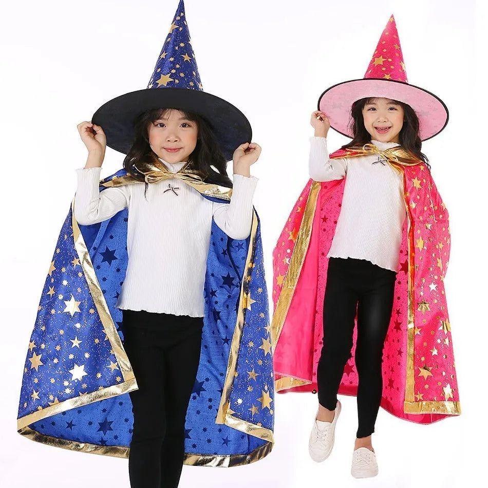 Children Cloak with Witch Hat Boys Girls Cosplay Costume Teens Black Purple Red Carnival Photography Props Kids Christmas Cape