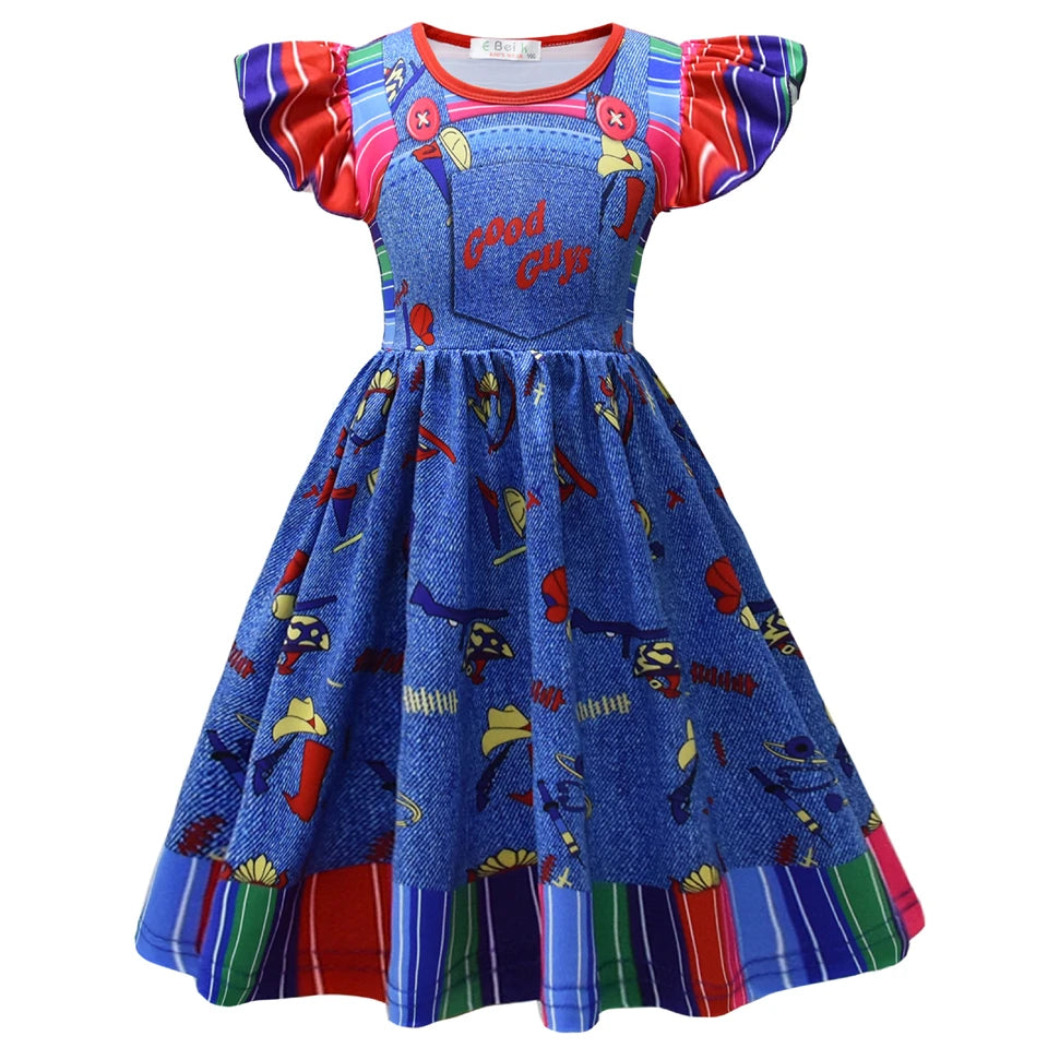 Child Role Play Ghost Doll Chucky Dress for Girls 2-10Y Kids Halloween Cosplay Horror Ghost Masquerade Carnival Party Costume