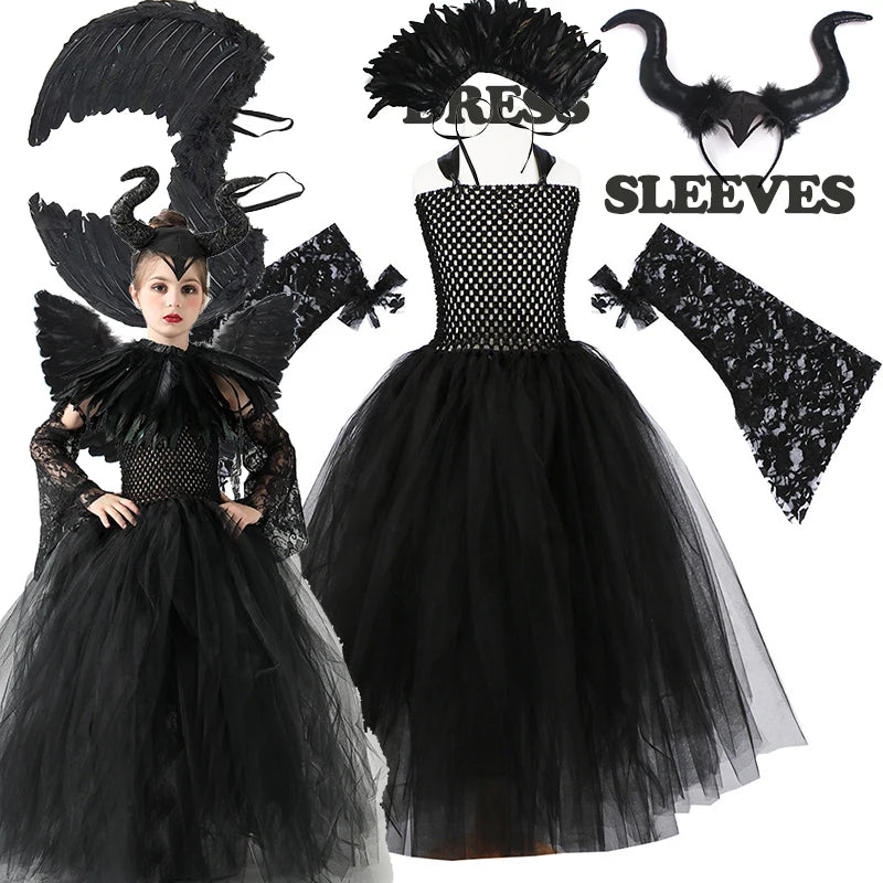 2024 New Maleficent Halloween Costume Maleficent Tulle Dress for Girls Cosplay Evil Queen Black Mesh Princess Dress Kids