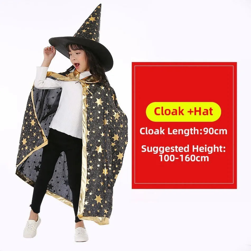 Children Cloak with Witch Hat Boys Girls Cosplay Costume Teens Black Purple Red Carnival Photography Props Kids Christmas Cape
