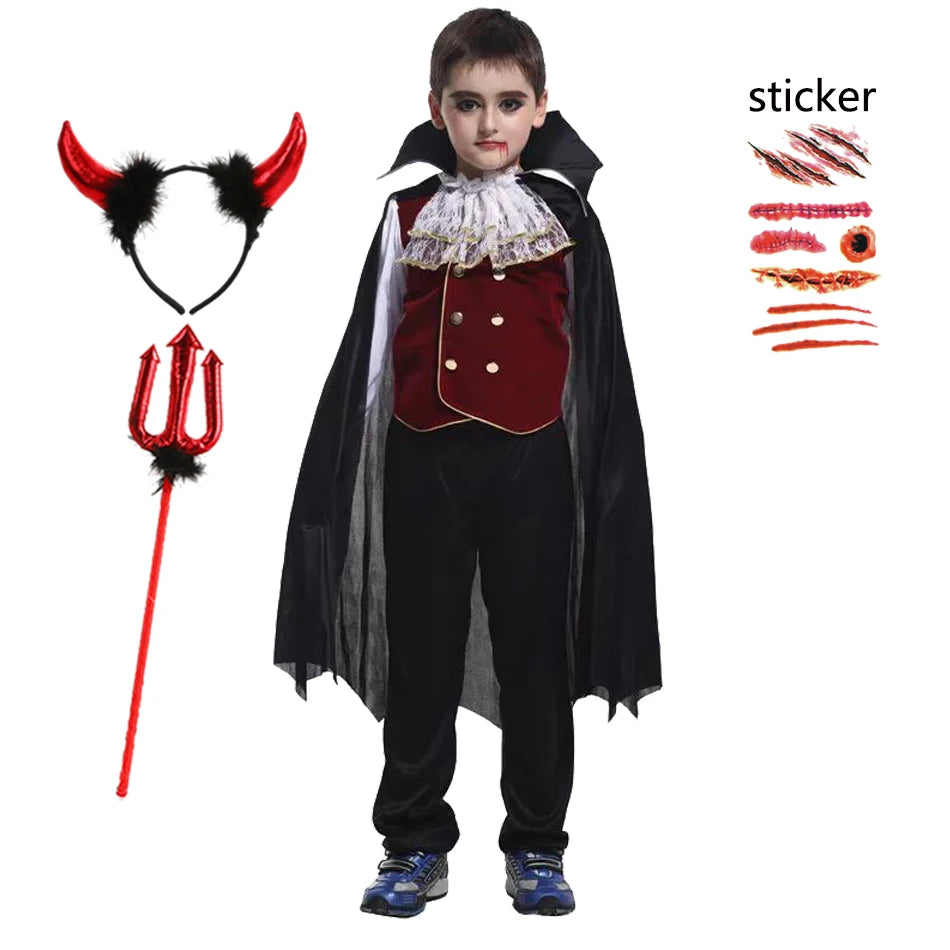 2025 Girls Boys Red Vampire Costume Ghost Bride Gothic Dress Party Kids Cosplay Clothes Halloween Outfit