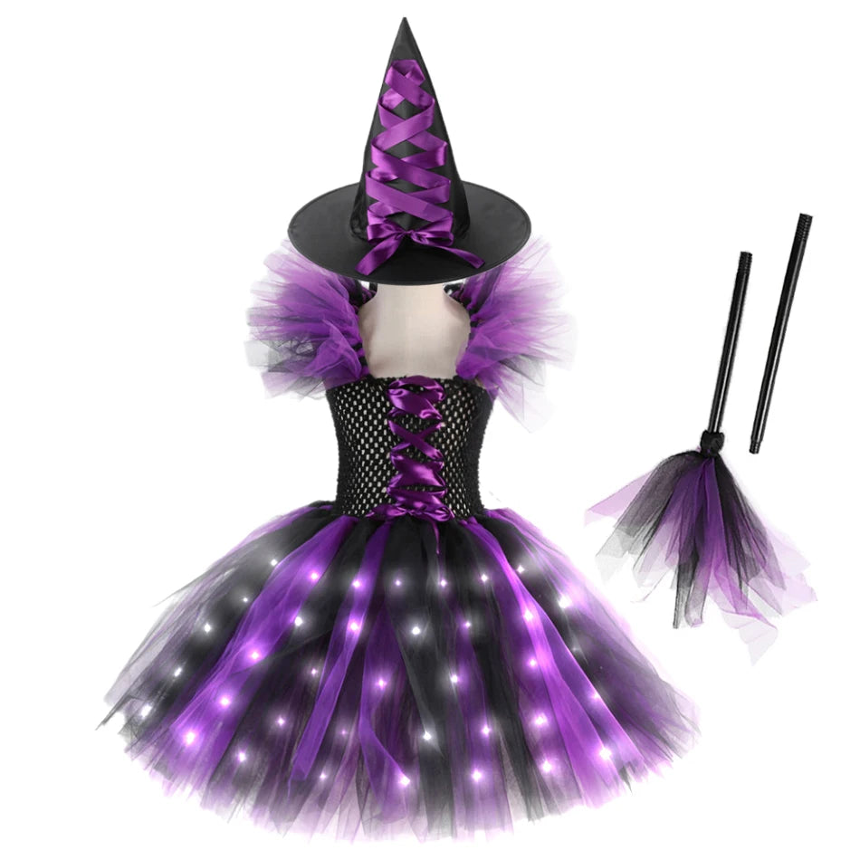 2025 Girls Witch Halloween Cosplay LED Dress Carnival Vestidos Party Kids Children Glowing Costume Party Princess Dress