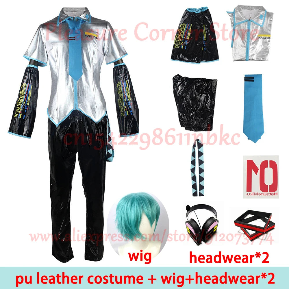 European Size Male Miku Cosplay Costume Wig Full Set Silver Leather Cloth Fabric Suit Miku Male Style Uniform