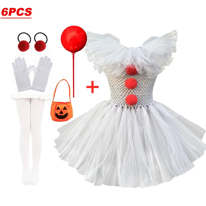 2025 New Halloween Kids Horror Movie Clowns Cosplay Costume Set for Girls Carnival Party Party Dress Up Clothing Sets