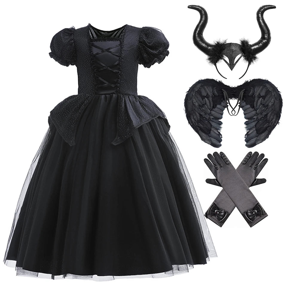 Girl Maleficent Cosplay Dress With Wings Kids Halloween Carnival Evil Witch Dress Up Costume 2-10 Yrs Sequin Ruffles Outfits