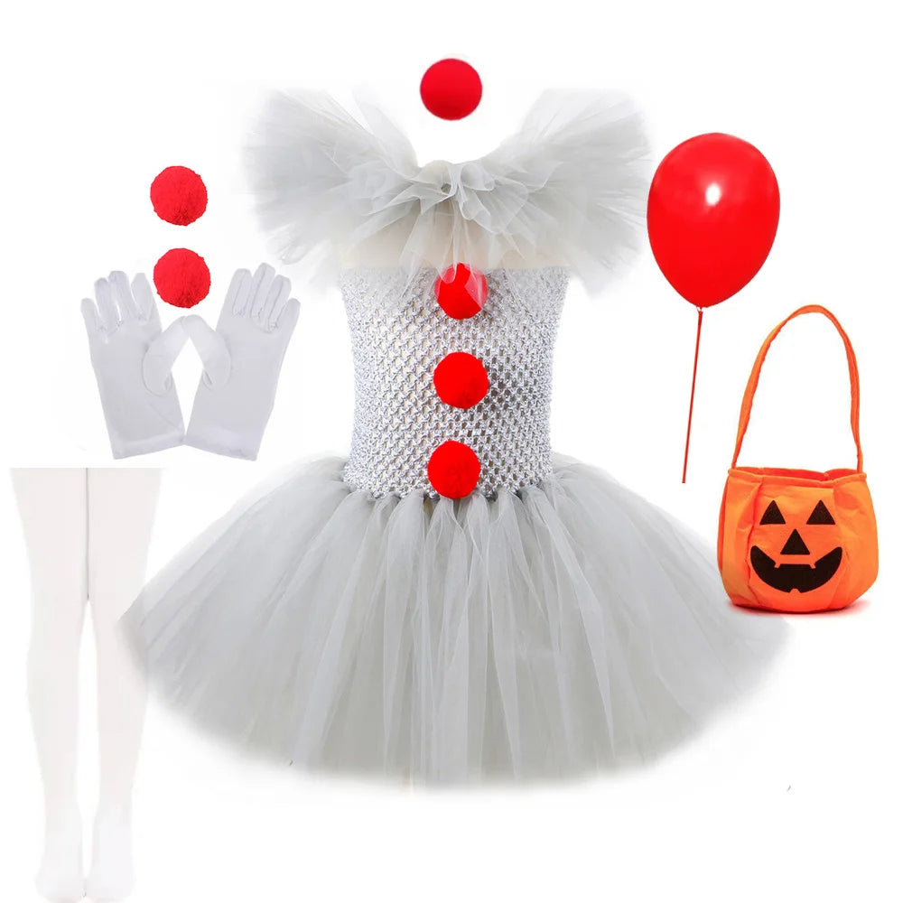 Clown Tutu Dress Girls Kids Joker Cosplay Costume with Hair Pin Gloves Halloween Apparel Pennywise Inspired Horrible Creature It