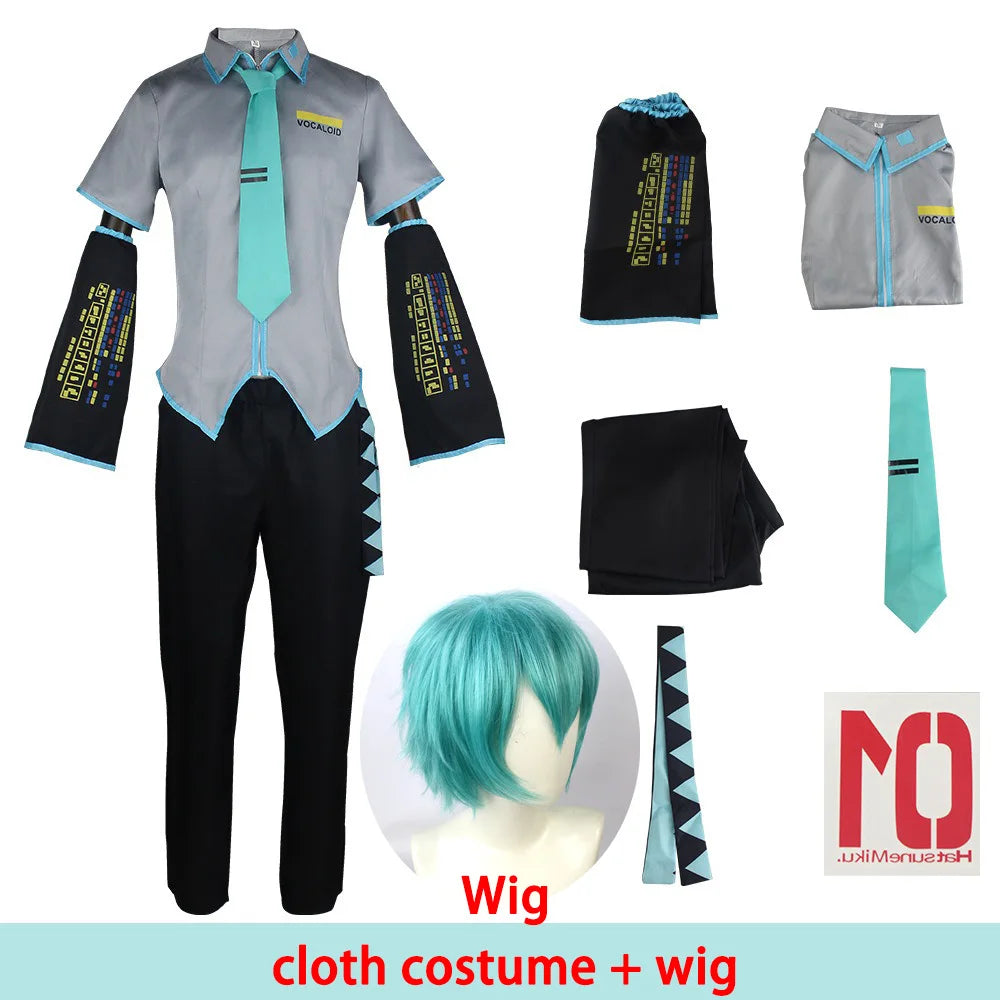 European Size Male Miku Cosplay Costume Wig Full Set Silver Leather Cloth Fabric Suit Miku Male Style Uniform
