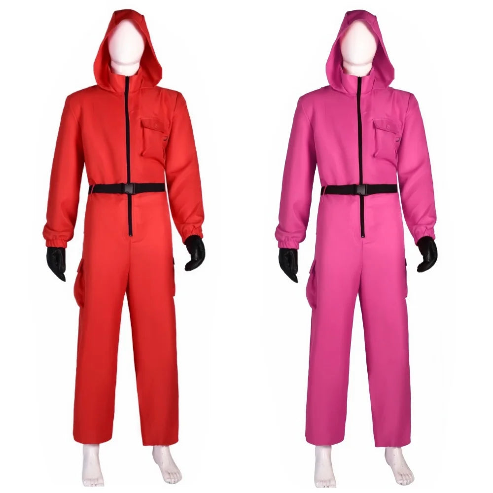 Calamari Game Guard Cosplay Costume Red Jumpsuit Outfit Adult KidsTeenagers Tracksuit Hooded Overall Belt Gloves Set Halloween