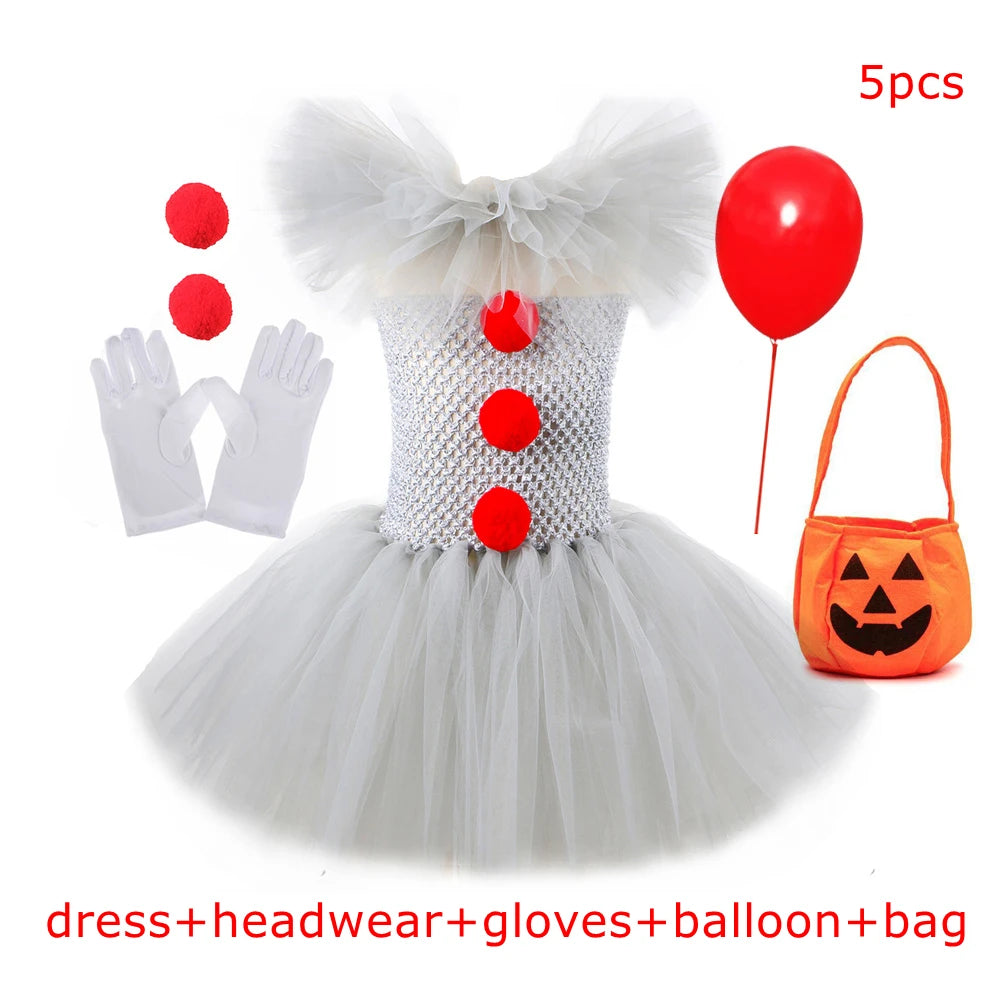 Clown Tutu Dress Girls Kids Joker Cosplay Costume with Hair Pin Gloves Halloween Apparel Pennywise Inspired Horrible Creature It