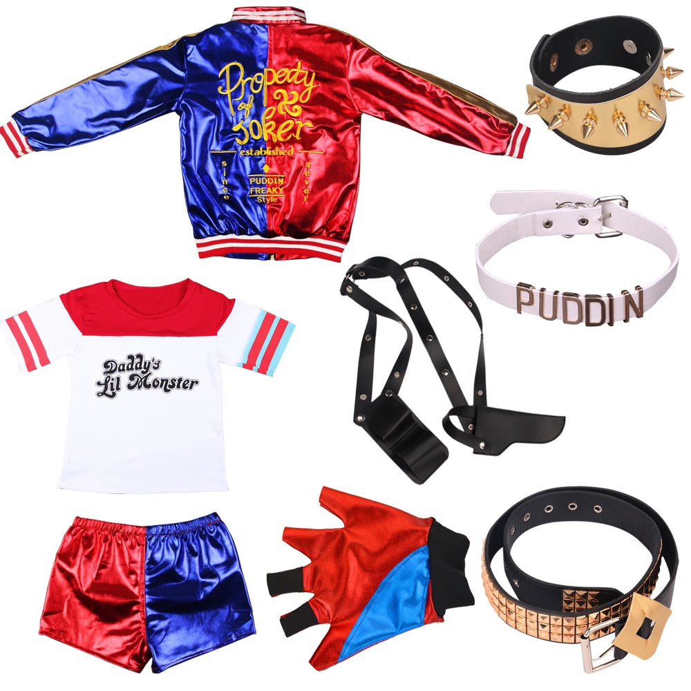 Anime Adult Dress Women Costume Quinn Girl Wig T Shirt Joker Jacket Halloween Costume Kids Glove Accessories