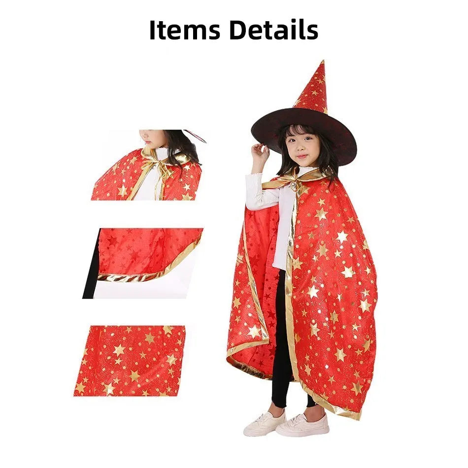 Children Cloak with Witch Hat Boys Girls Cosplay Costume Teens Black Purple Red Carnival Photography Props Kids Christmas Cape