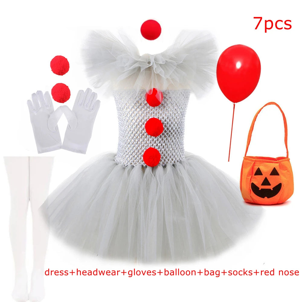 Clown Tutu Dress Girls Kids Joker Cosplay Costume with Hair Pin Gloves Halloween Apparel Pennywise Inspired Horrible Creature It