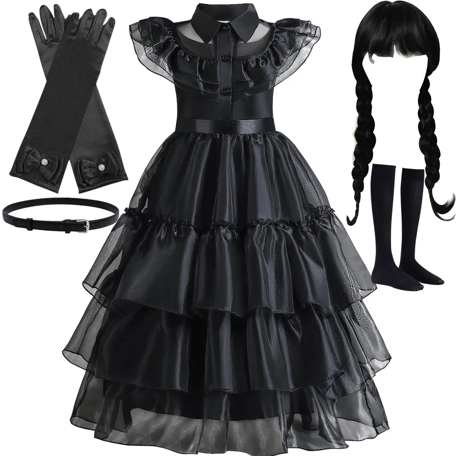 Gothic Lace Tiered Ball Gown Girls Hollowed Tulle Cake Dress Cosplay Prom Dress Halloween Wednesday Addams Black Costume