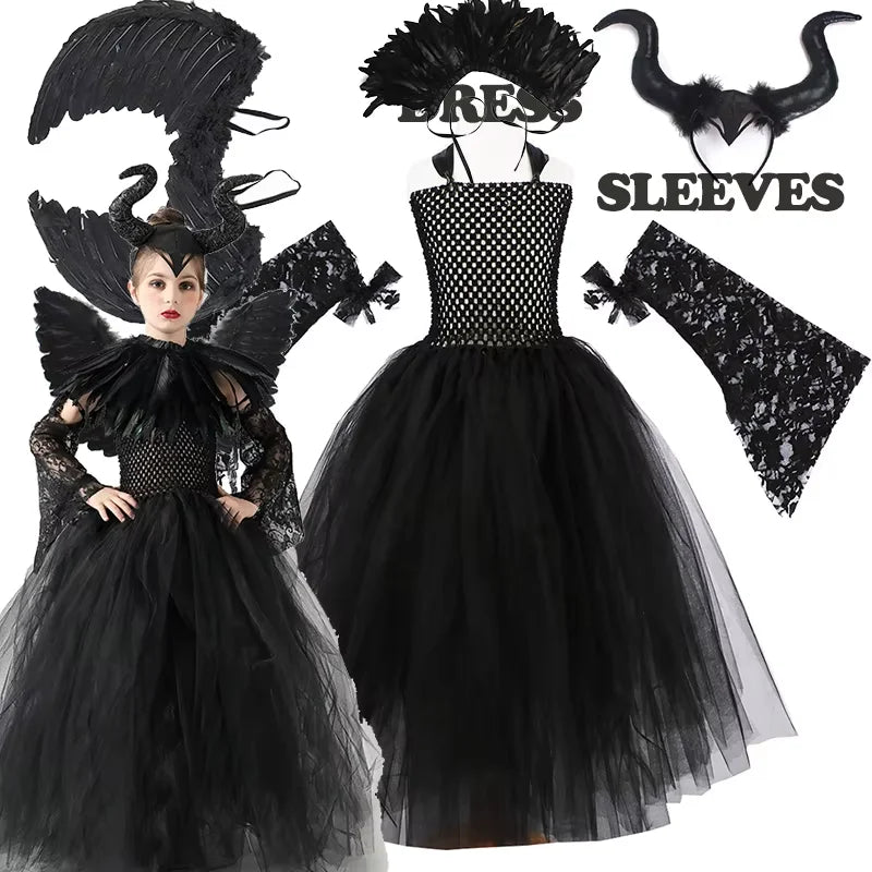 2024 New Maleficent Halloween Costume Maleficent Tulle Dress for Girls Cosplay Evil Queen Black Mesh Princess Dress Kids