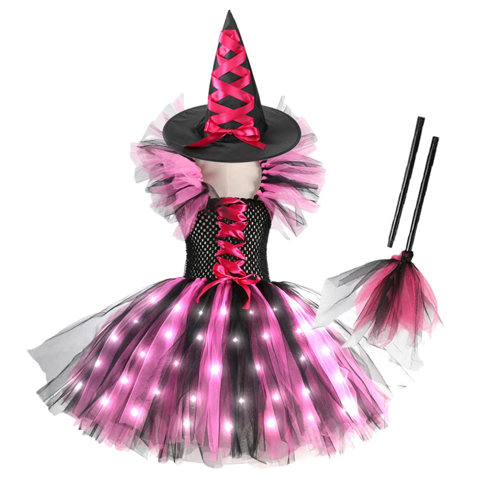 2025 Girls Witch Halloween Cosplay LED Dress Carnival Vestidos Party Kids Children Glowing Costume Party Princess Dress