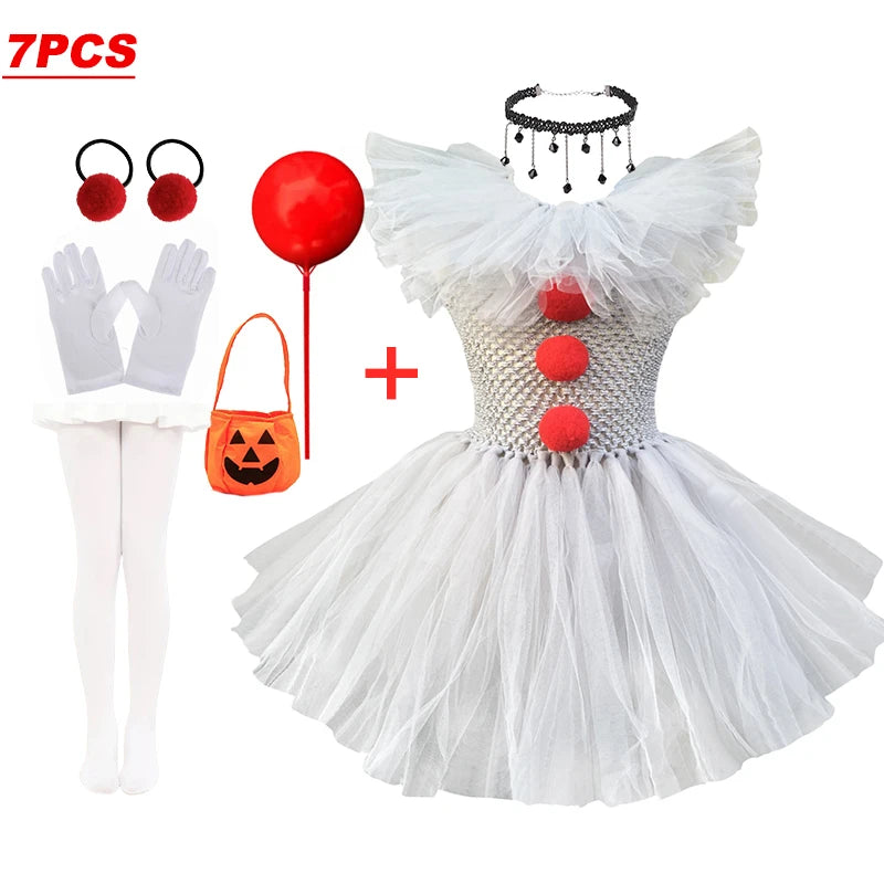 2025 New Halloween Kids Horror Movie Clowns Cosplay Costume Set for Girls Carnival Party Party Dress Up Clothing Sets