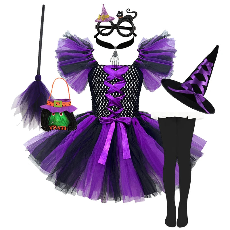 Girls Colour Witch Costume Disguise Halloween Cosplay Carnival Party Christmas Toddler Kids Princess Dress Prom Gown Dress