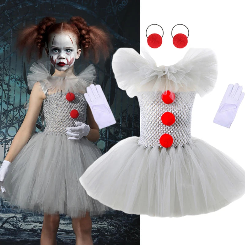 2025 New Halloween Kids Horror Movie Clowns Cosplay Costume Set for Girls Carnival Party Party Dress Up Clothing Sets