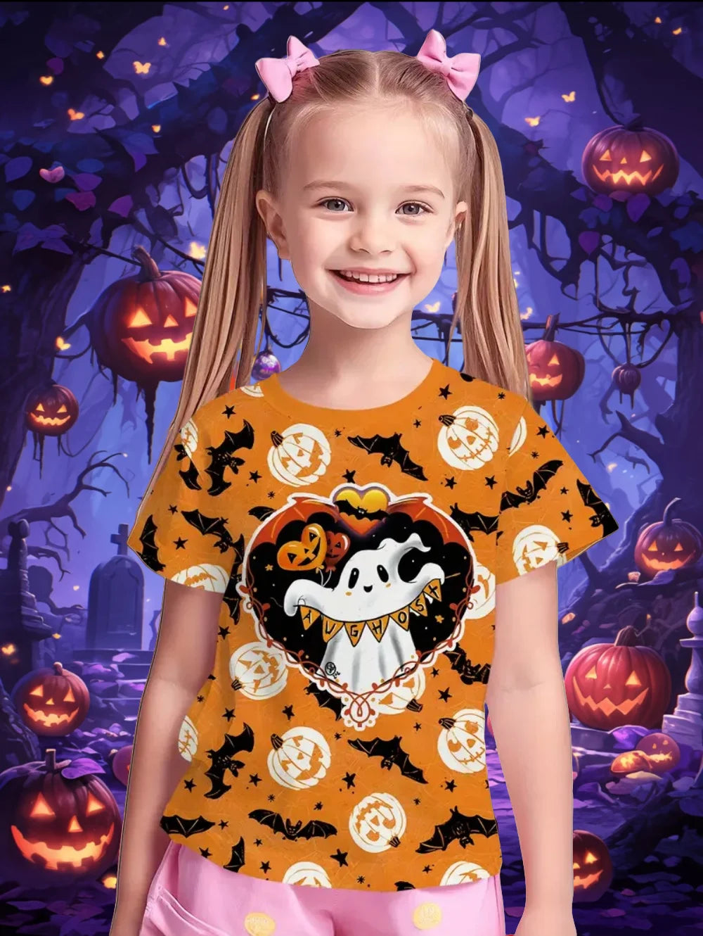 Girl Clothes Funny Pumpkin Graphic T Shirt Halloween Boys Girls Summer Short Sleeves T-Shirt 2-10y Halloween Gift Party T-Shirt