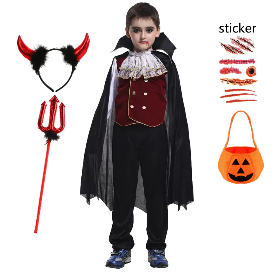 2025 Girls Boys Red Vampire Costume Ghost Bride Gothic Dress Party Kids Cosplay Clothes Halloween Outfit