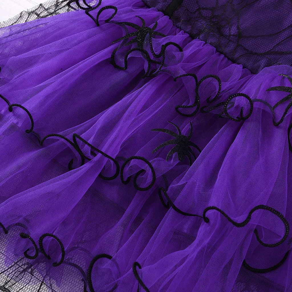 Halloween Girl With Cloak Witch Cosplay Party Dress Toddler Short Sleeve Spider Pattern Lace Tutu Knee Mesh Costume Dresses 1-5Y