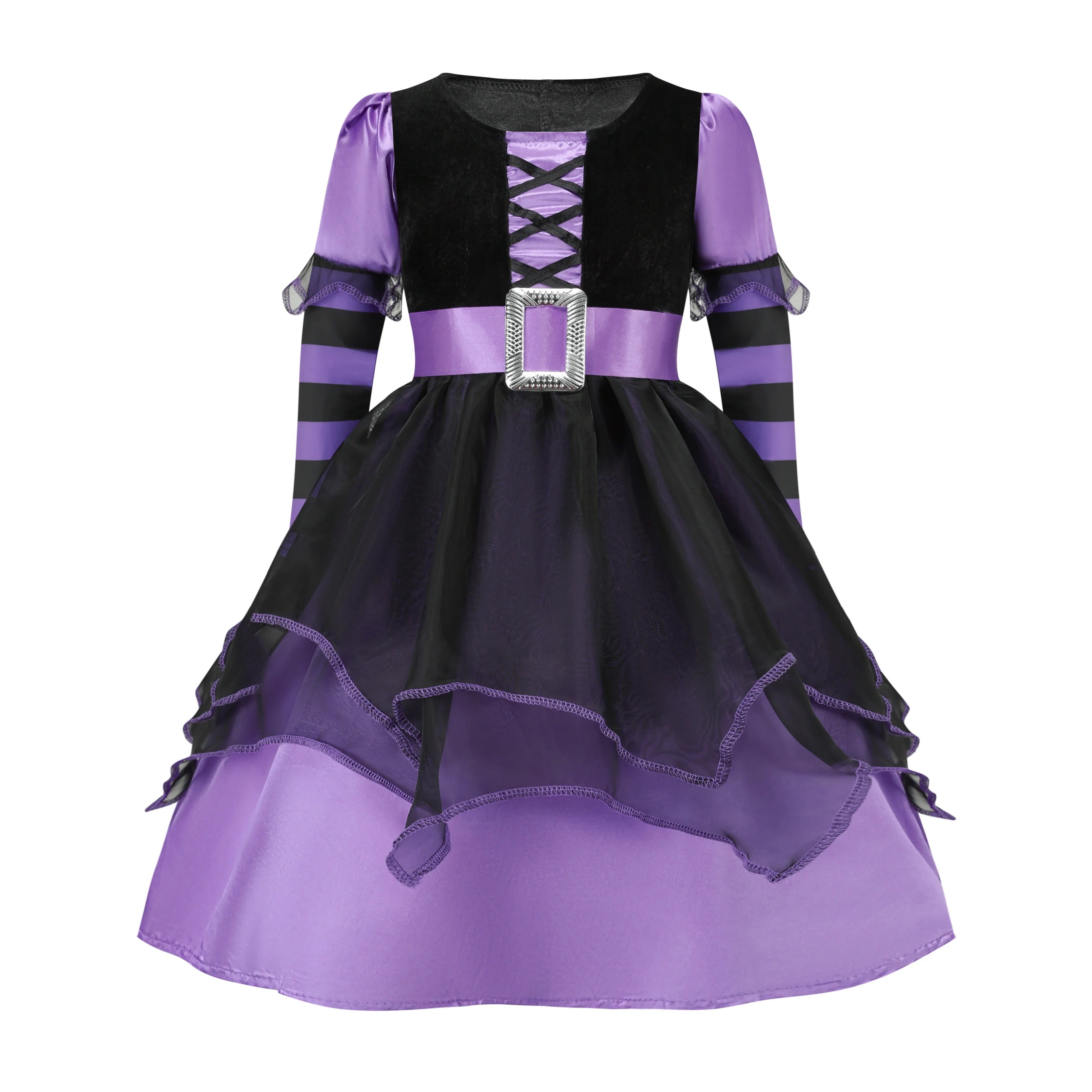 Girls' Halloween Witch Costume Purple Mesh Dress with Hat & Broom Kids Cosplay Gown for Carnival Magic Villain Role-Play