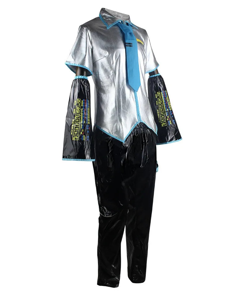 European Size Male Miku Cosplay Costume Wig Full Set Silver Leather Cloth Fabric Suit Miku Male Style Uniform