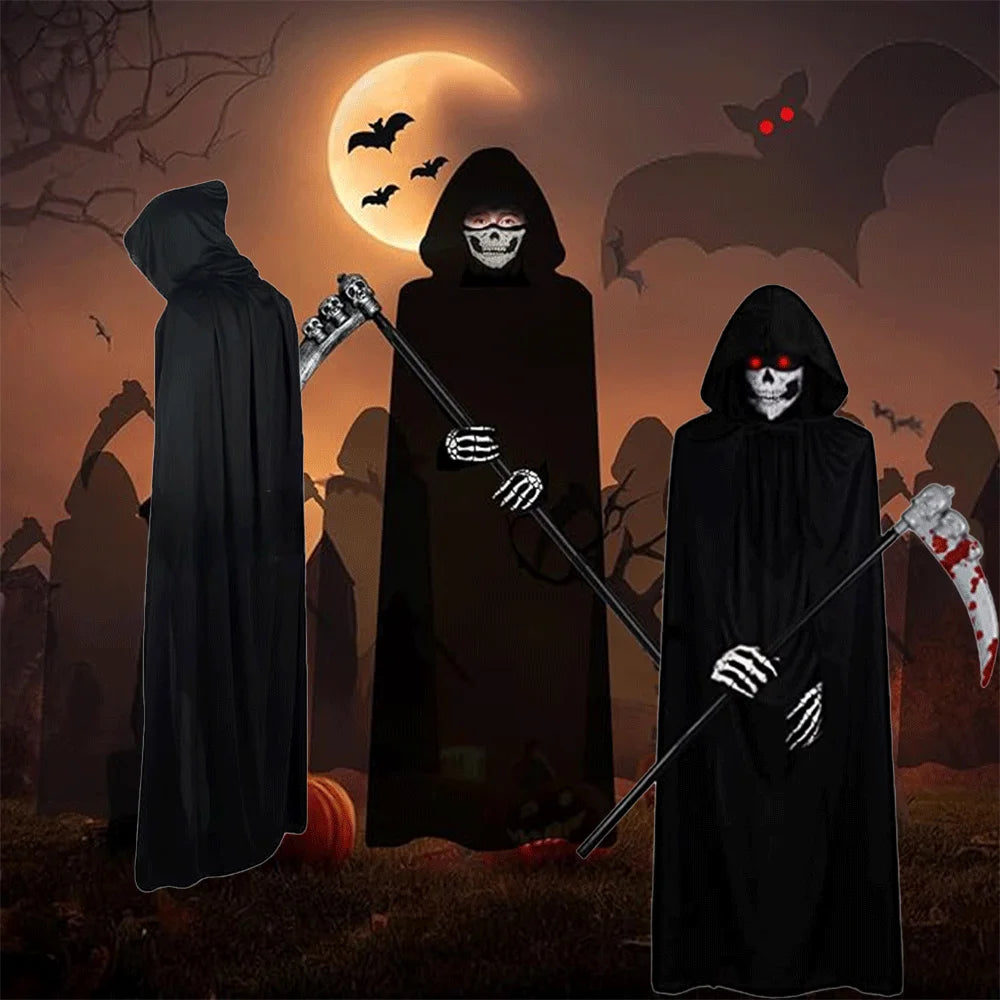Halloween Grim Reaper Costume Set Halloween Cape Adult Kid Role Playing Props Grim Reaper Ghost Scythe Mask and Gloves Unisex