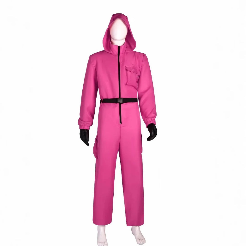 Calamari Game Guard Cosplay Costume Red Jumpsuit Outfit Adult KidsTeenagers Tracksuit Hooded Overall Belt Gloves Set Halloween