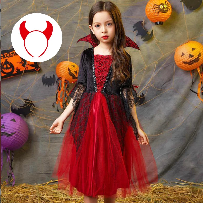 Halloween Girls Ghost Bride Mesh Vampire Costume Girls Princess Dress Performance Costume Black Evening Clothes