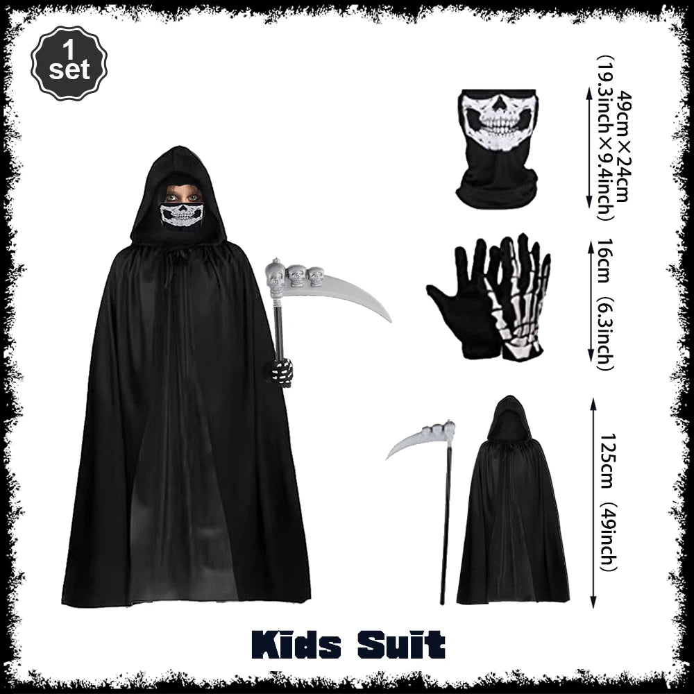 Death Cloak Suit Halloween Cosplay Costume Grim Reaper Prop Ghost Head Scythe Skull Scarf Glove Adult Kids Halloween Decoration