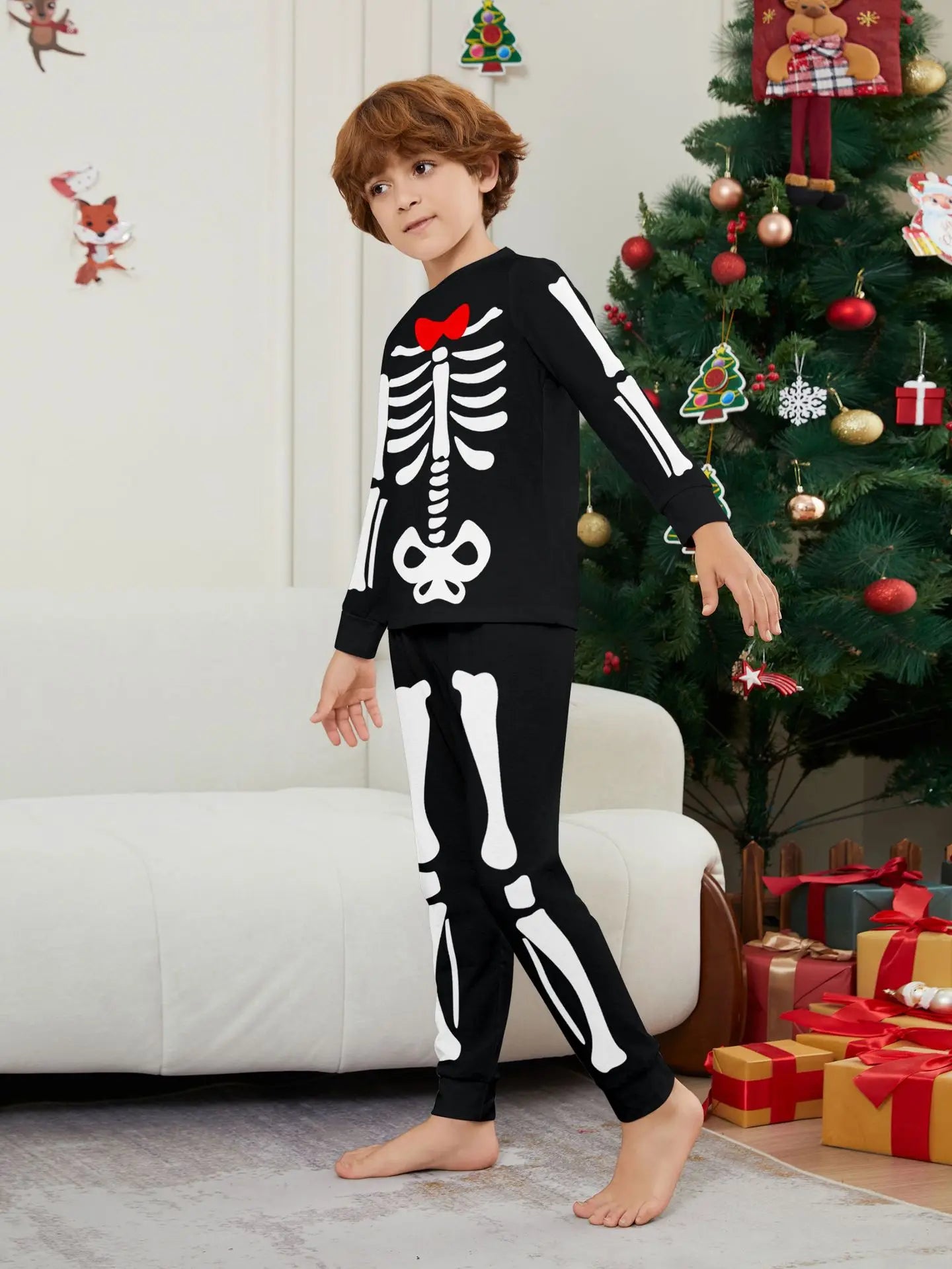 Happy Halloween Family Matching Outfits Skeleton Print Parent-child 2 Pieces Suit Sleepwear Soft Loose Pajamas Set Holiday Wear