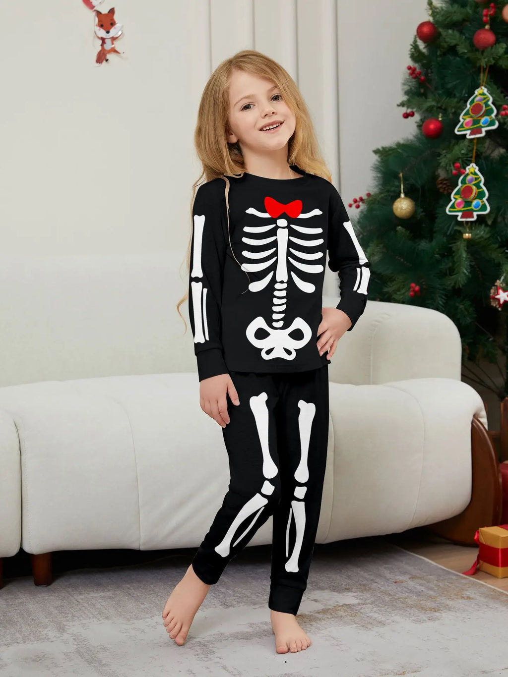 Happy Halloween Family Matching Outfits Skeleton Print Parent-child 2 Pieces Suit Sleepwear Soft Loose Pajamas Set Holiday Wear