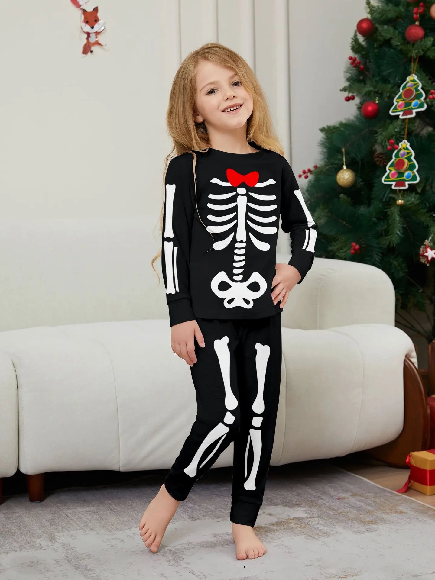 Happy Halloween Family Matching Outfits Skeleton Print Parent-child 2 Pieces Suit Sleepwear Soft Loose Pajamas Set Holiday Wear