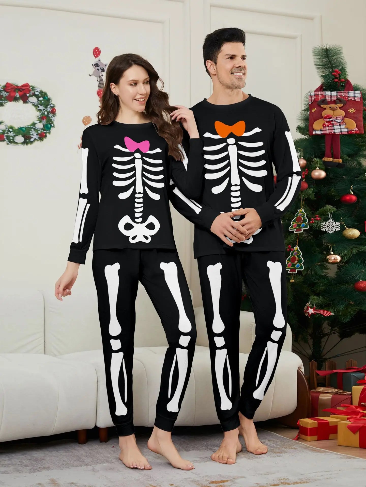 Happy Halloween Family Matching Outfits Skeleton Print Parent-child 2 Pieces Suit Sleepwear Soft Loose Pajamas Set Holiday Wear