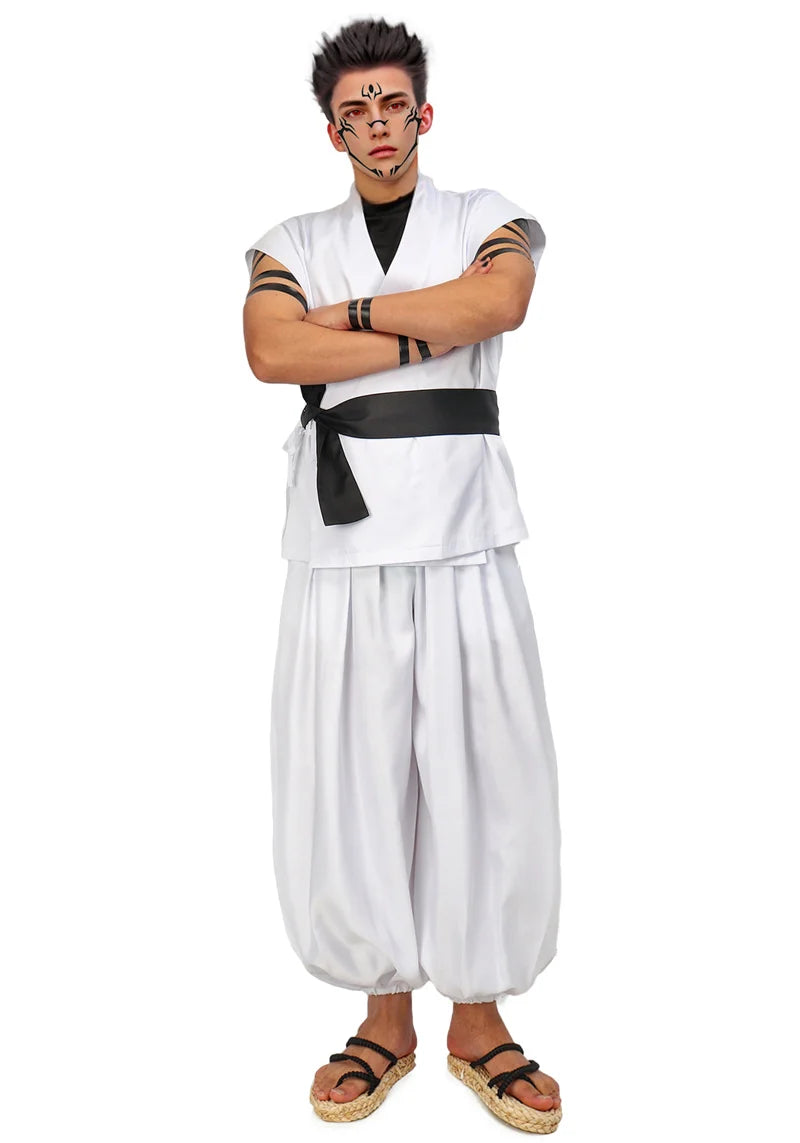 DAZCOS Ryomen Sukuna Costume White Kung Fu Suit with Tattoo Stickers Ryomen Sukuna as Megumi Showdown Cosplay Costume Full Set