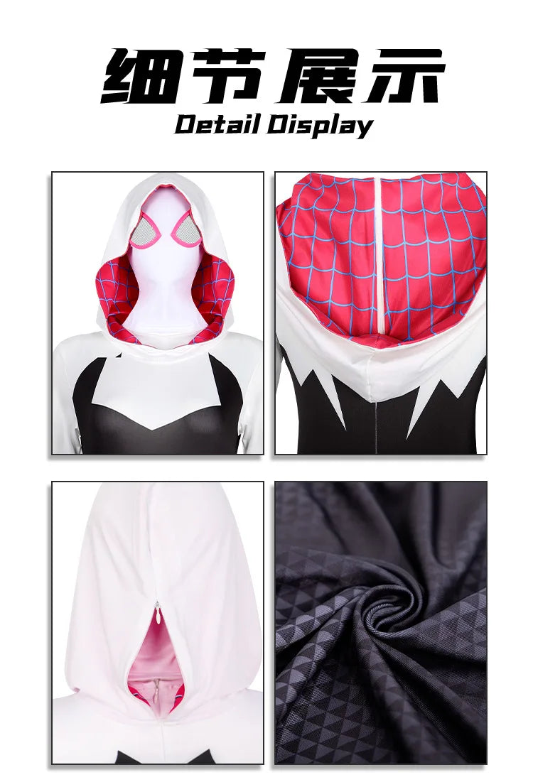 Girls Gwen Ghost Spider Costume Bodysuit Halloween Cosplay Hooded Holiday Party Costumes Fantasy Sexy Dress Up Hoodies Swimsuit