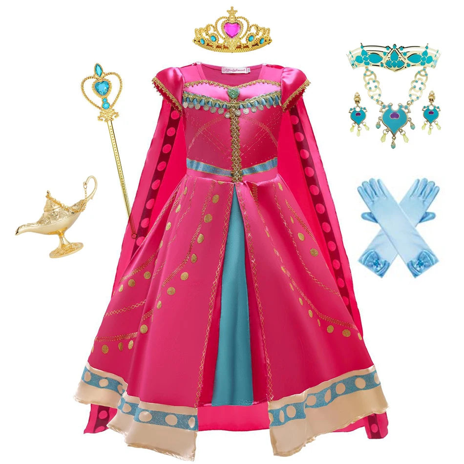 Jasmine Costume for Girls Arabian Dress for Kids Aladdin Cosplay Christmas Halloween Party with Gloves Crown Wand Accessories
