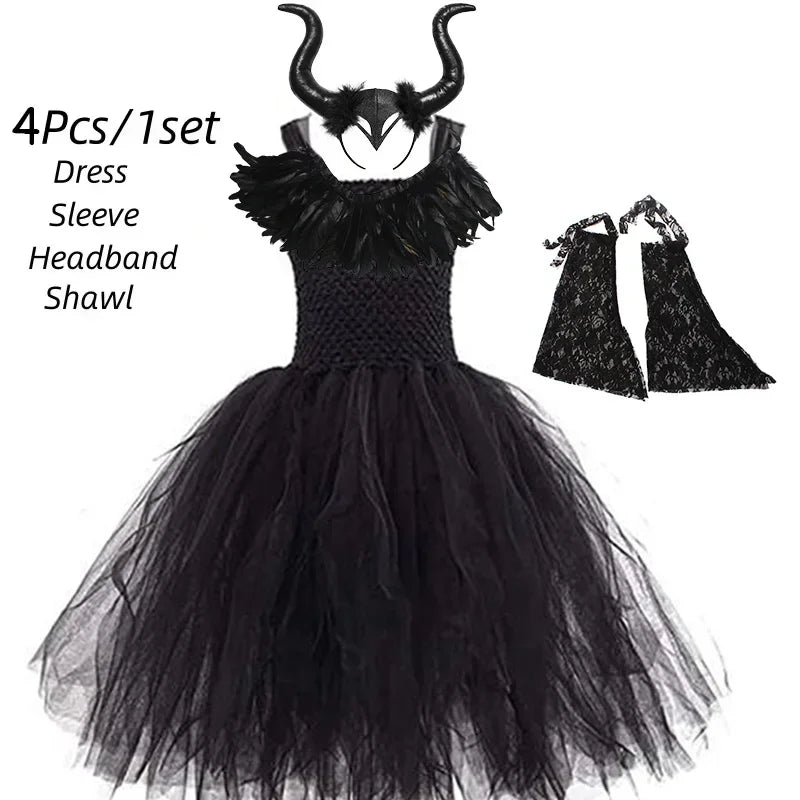 Halloween Maleficent Costume for Girls Cosplay Evil Queen Dress Up Costumes Witch Devil Black Mesh Princess Dress Wings Bird 12Y