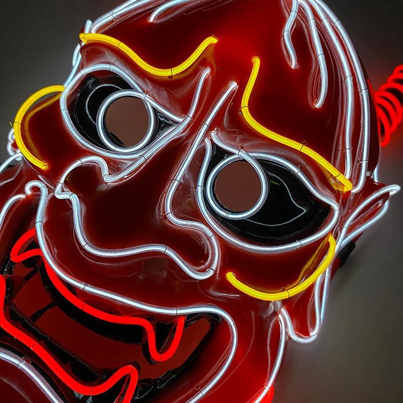 Light Up Japanese Oni Devil Mask LED Luminous Prajna Horror Mask Full Face Halloween Bar Party Props Neon Glowing Demon Mask