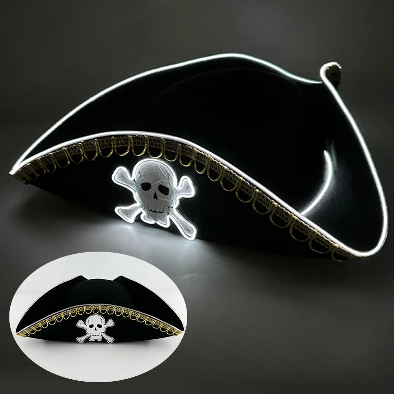 Newstyle Led Captain Hat Halloween Masquerade Pirate Theme Party Cosplay Captain Costumes Accessories Light Up Skull Pattern Hat