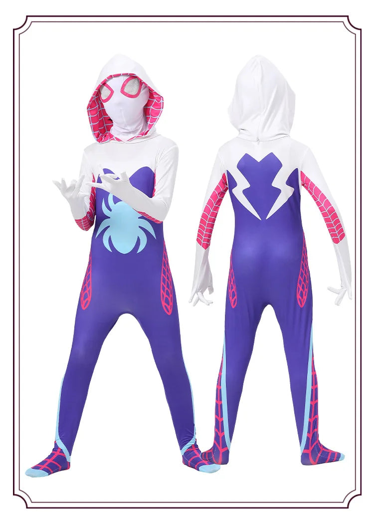 Girls Gwen Ghost Spider Costume Bodysuit Halloween Cosplay Hooded Holiday Party Costumes Fantasy Sexy Dress Up Hoodies Swimsuit