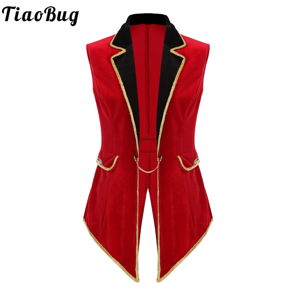 Womens Circus Ringmaster Costumes Halloween Showman Cosplay Tailcoat Lapel Vest Jacket Ringleader Lion Tamer Velvet Waistcoat