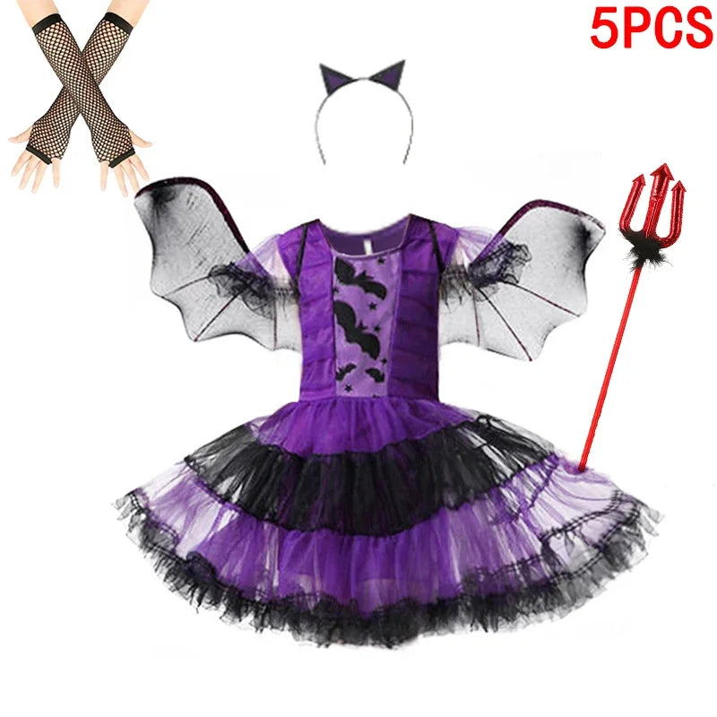 Halloween Girls Purple Bat Dress Kids Fancy Cosplay Vampire Demon Costume With Wing Headwear Carnival Witch Role Playing Clothes