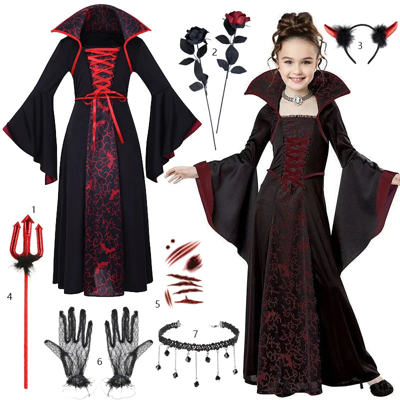 Kids Halloween Cosplay Vampire Costume Girl Black Tutu Dress Carnival Costumes for Kids Gothic Horror Clothes Halloween Gifts