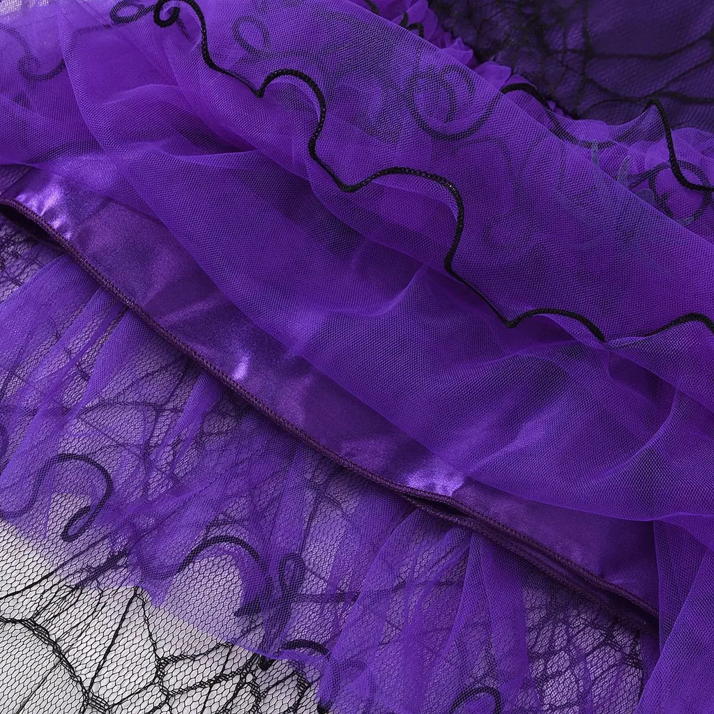 Halloween Girl With Cloak Witch Cosplay Party Dress Toddler Short Sleeve Spider Pattern Lace Tutu Knee Mesh Costume Dresses 1-5Y