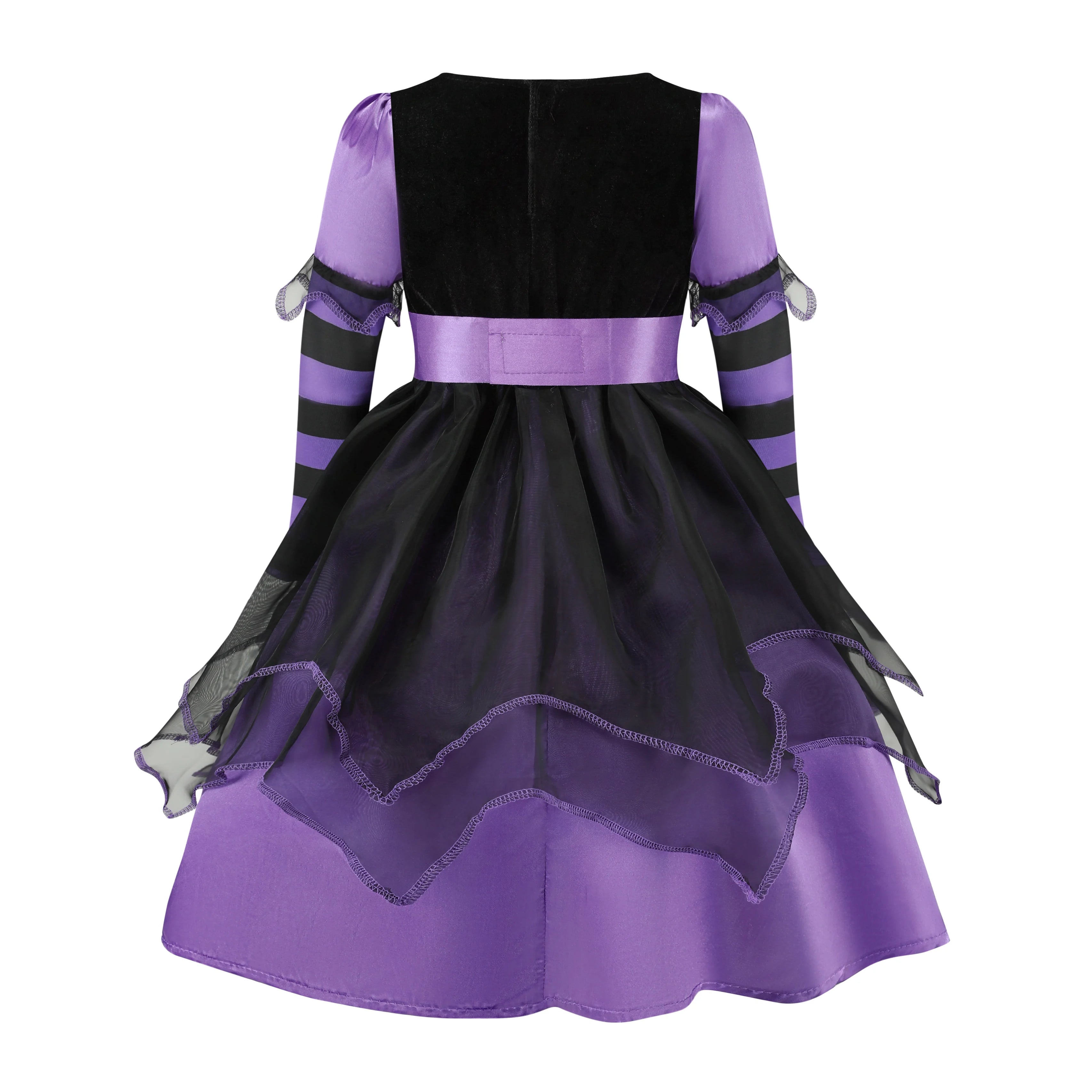 Girls' Halloween Witch Costume Purple Mesh Dress with Hat & Broom Kids Cosplay Gown for Carnival Magic Villain Role-Play