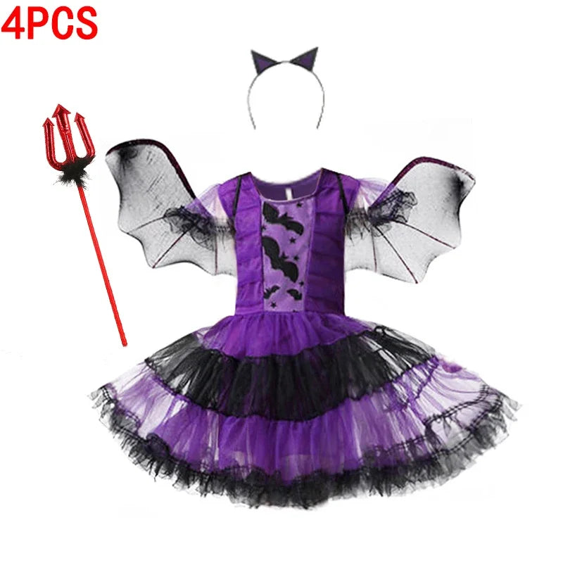 Halloween Girls Purple Bat Dress Kids Fancy Cosplay Vampire Demon Costume With Wing Headwear Carnival Witch Role Playing Clothes