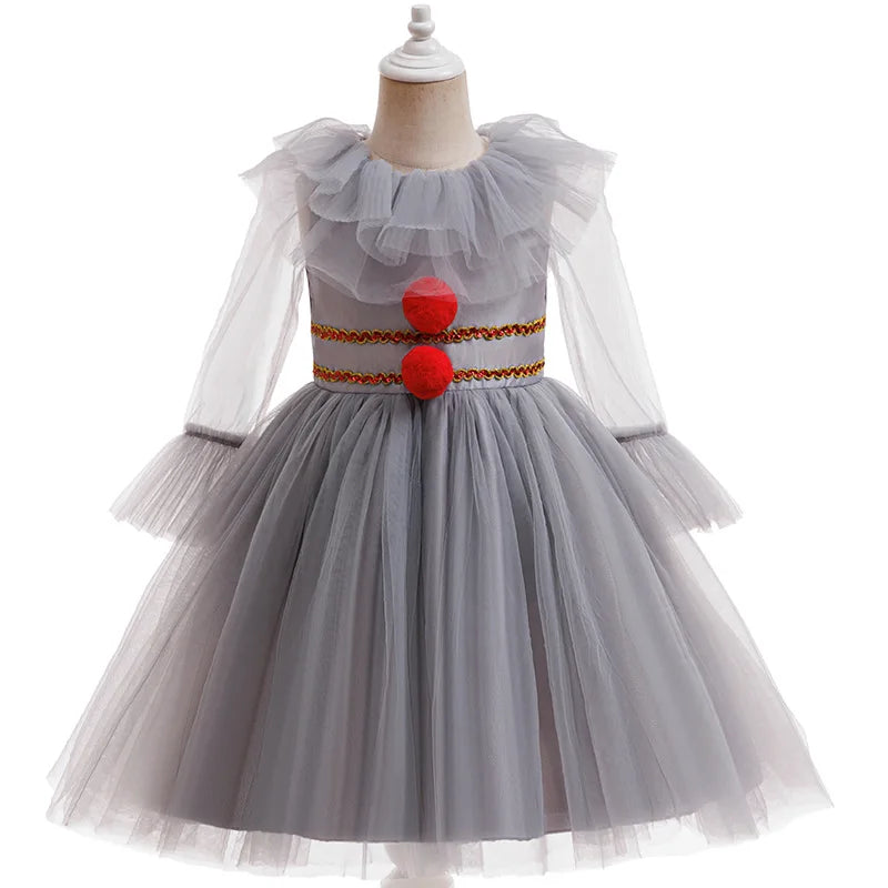 Gray Girls Joker Movie Cosplay Halloween Costume Tutu Dress Creepy Clown Thriller Party Clothes Children Tulle Fancy Party Dress