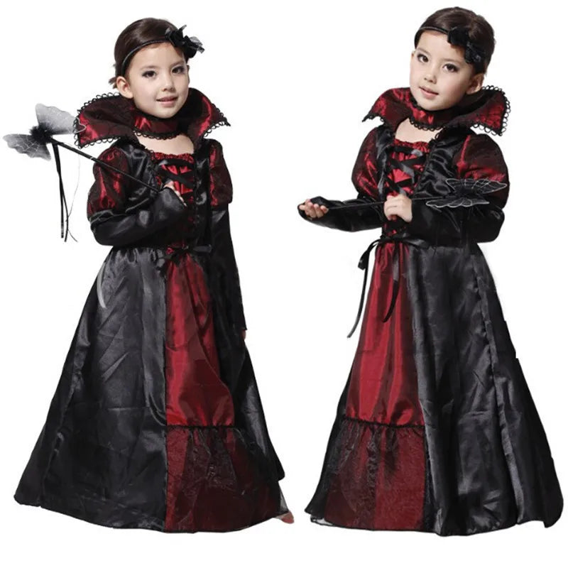 2025 Girls Boys Red Vampire Costume Ghost Bride Gothic Dress Party Kids Cosplay Clothes Halloween Outfit